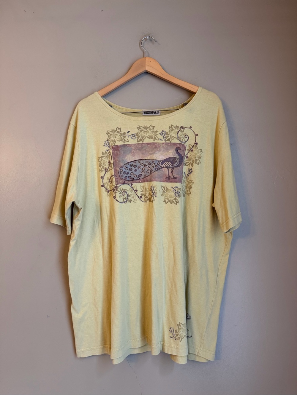 Blue Fish Yellow 100% Cotton Art T- Shirt Tunic USA Vintage 90’s Handpainted